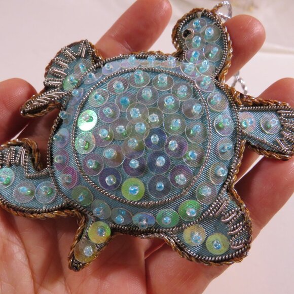 Vintage Sequins & Fabric Sea Turtle and Crab Hangs, Ornament, Tarnished, Aged - Picture 4 of 9